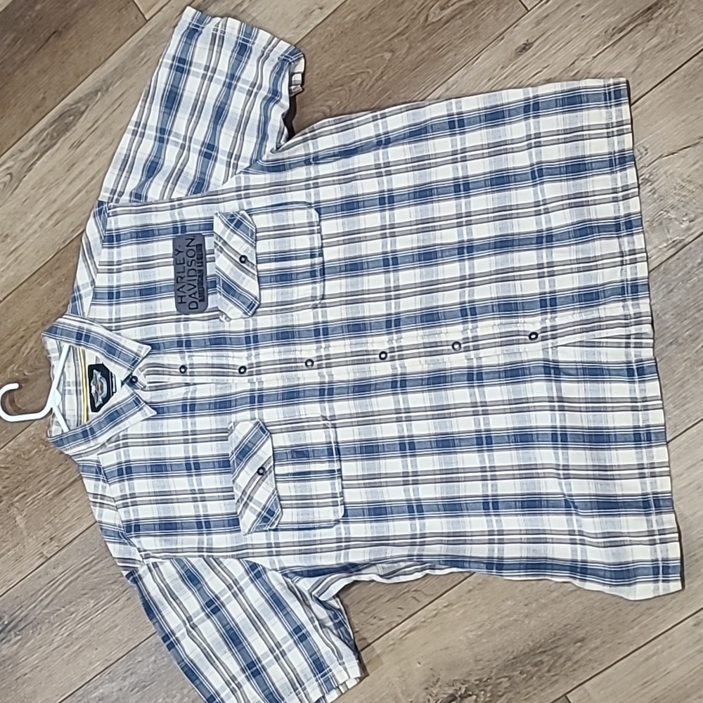 Harley Davidson Men's Snap-Front Plaid Shirt Short Sleeve Blue Black 2XL